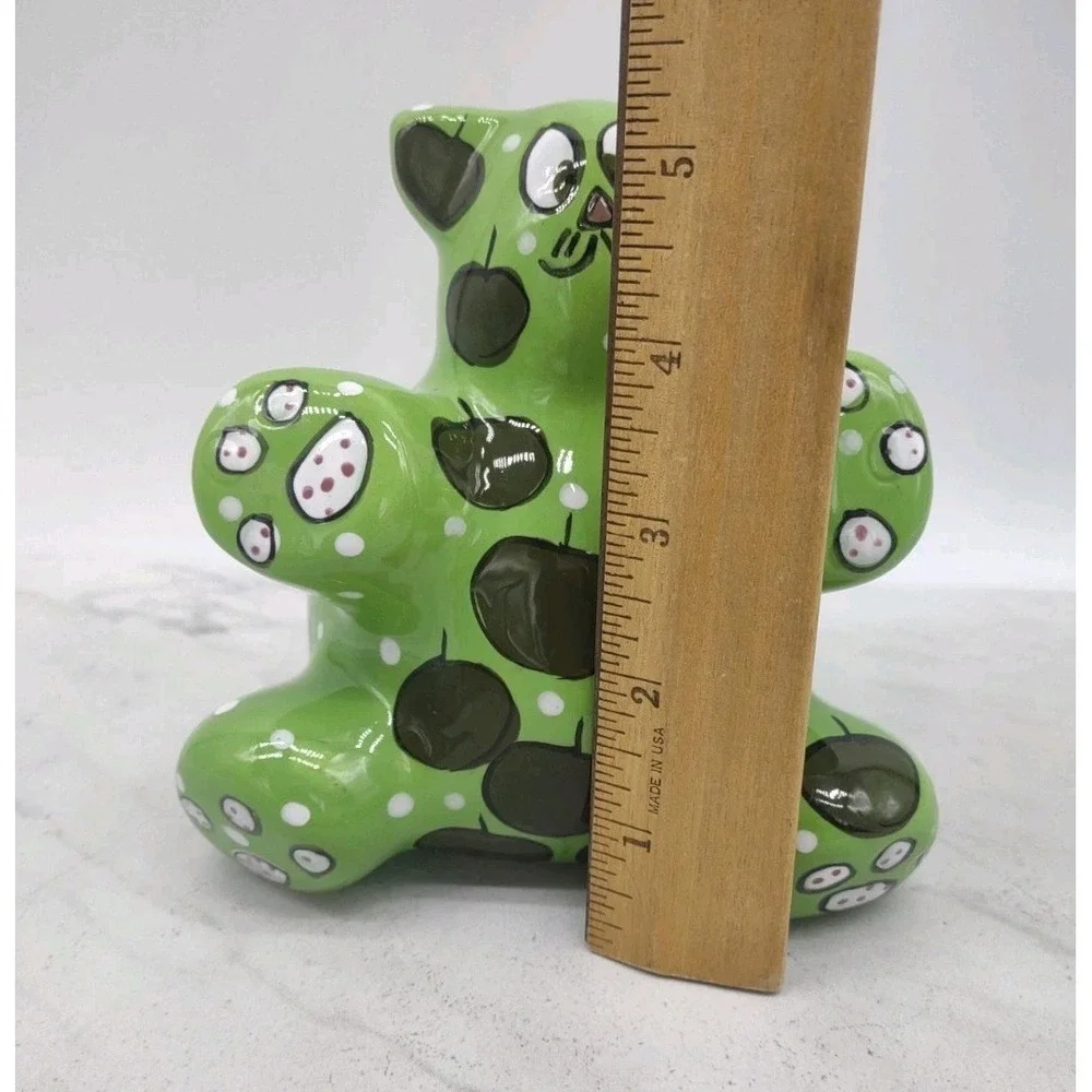 Ganz Ceramic Piggy Bank Kitty Cat Green Apples Painted Signed Pati 5 Inch